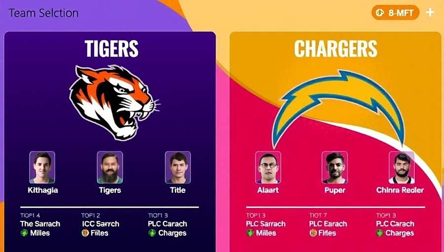 Indian NFL Rising Stars team selection screen showing Kolkata Tigers and Chennai Chargers with their logos and player lineups