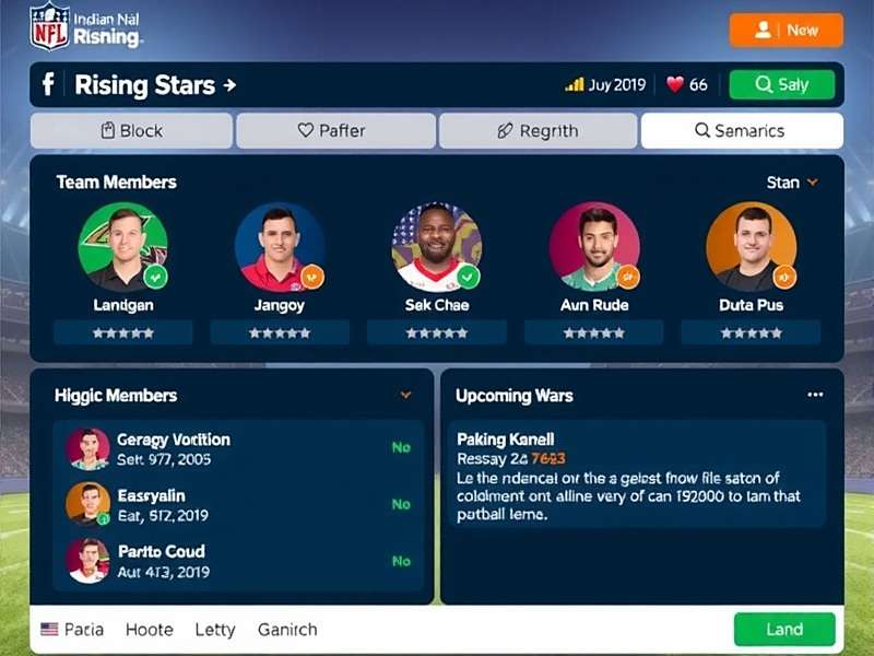 Indian NFL Rising Stars Mandal interface showing team members, upcoming wars, and chat in Hindi