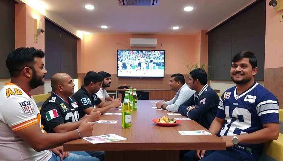 Indian NFL Rising Stars community meetup in Bangalore with players wearing team jerseys and enjoying a live screening