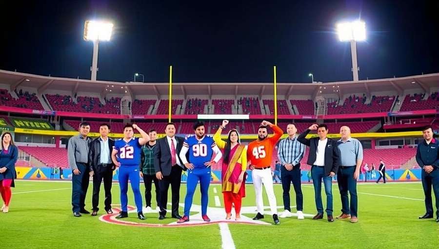 Indian NFL Rising Stars Diwali event showing stadium decorated with lights and rangoli, players in special festive uniforms